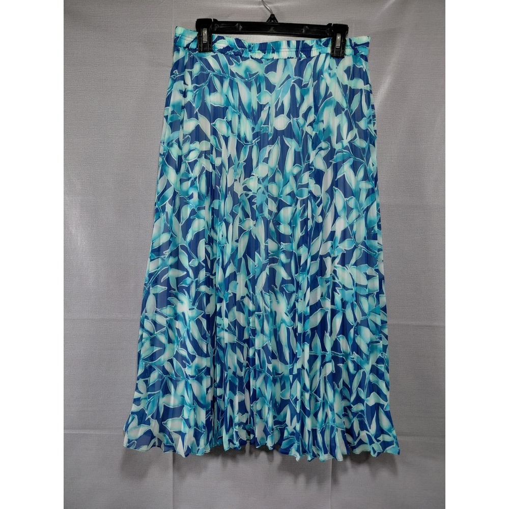 Chaps Accordion Pleated‎ Floral Midi Skirt Med Pull On Elastic Waist Blue Leaves